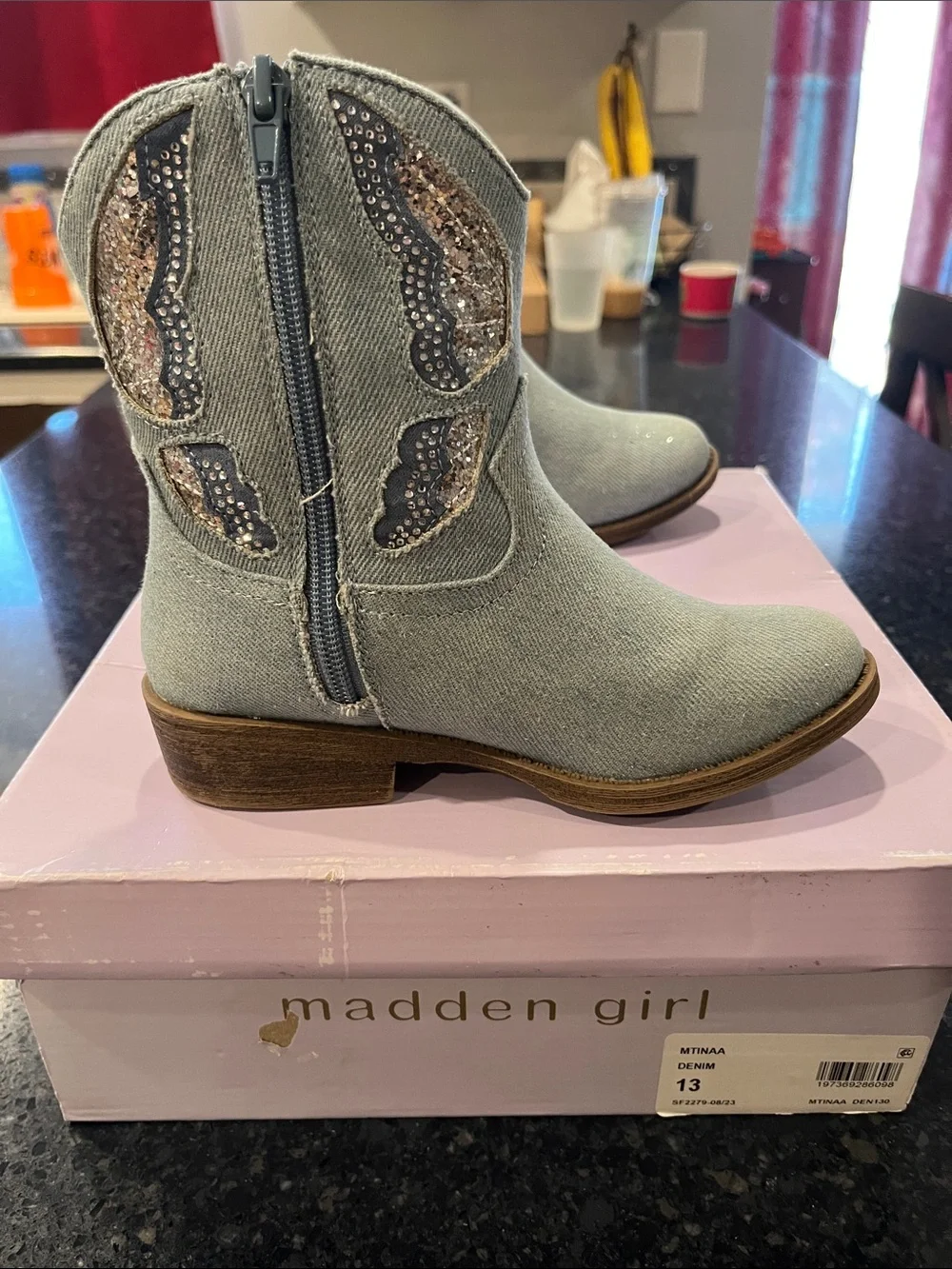 Madden Girl Light Blue Denim Kids Western Boots with Glitter Trim